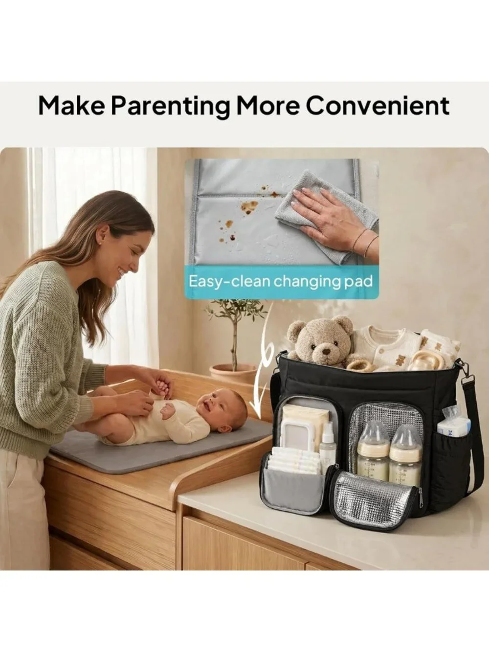 Quilted Puffer Diaper Bag Tote, Lightweight Baby Bag with Insulated Pockets